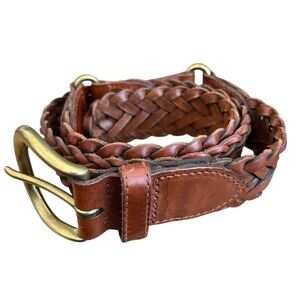 Vintage Fossil Women's Belt Brown Braided Leather Brushed Brass Buckle Boho 32"